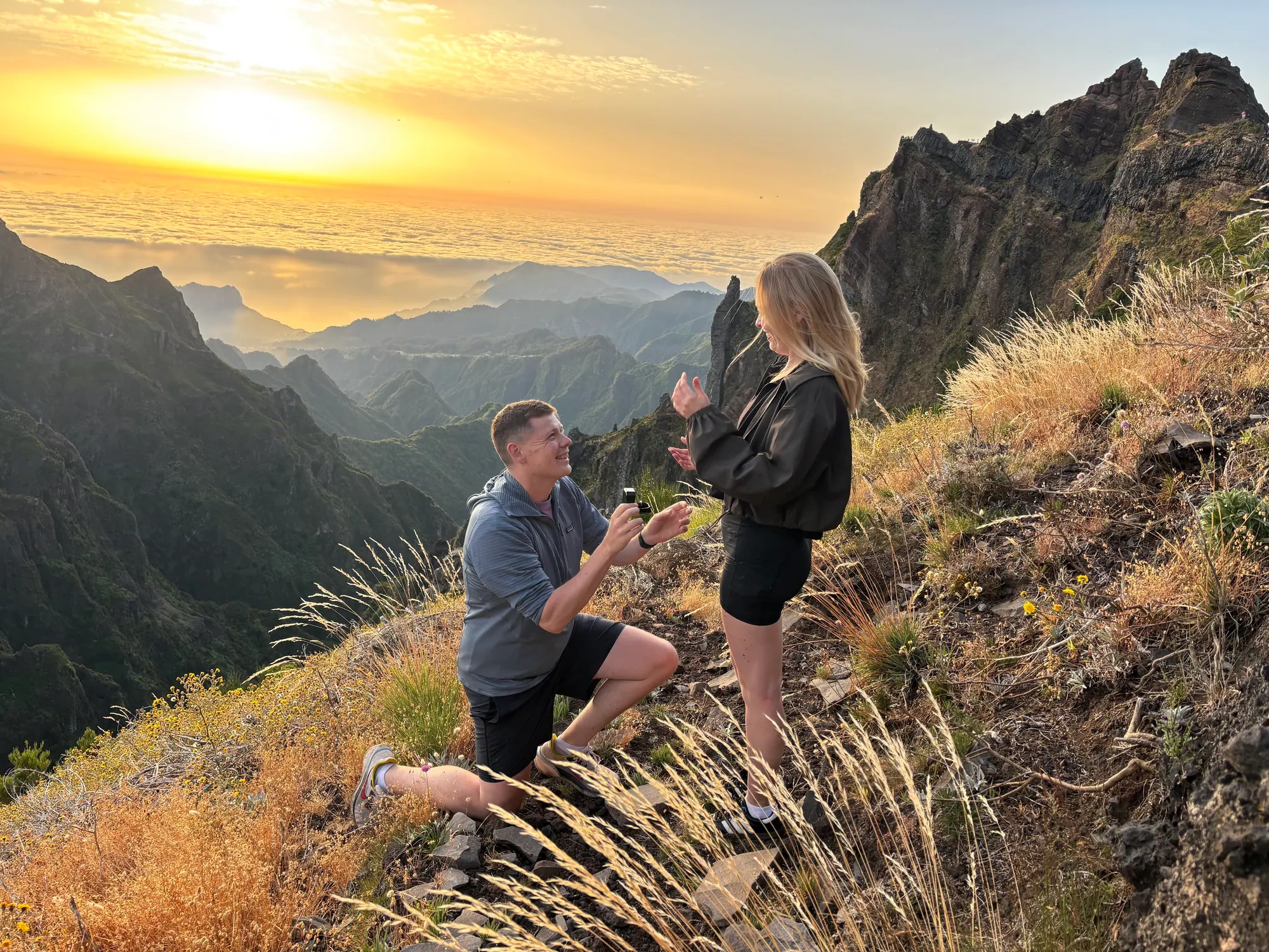 Declan proposing to Anna at sunrise in Madeira.